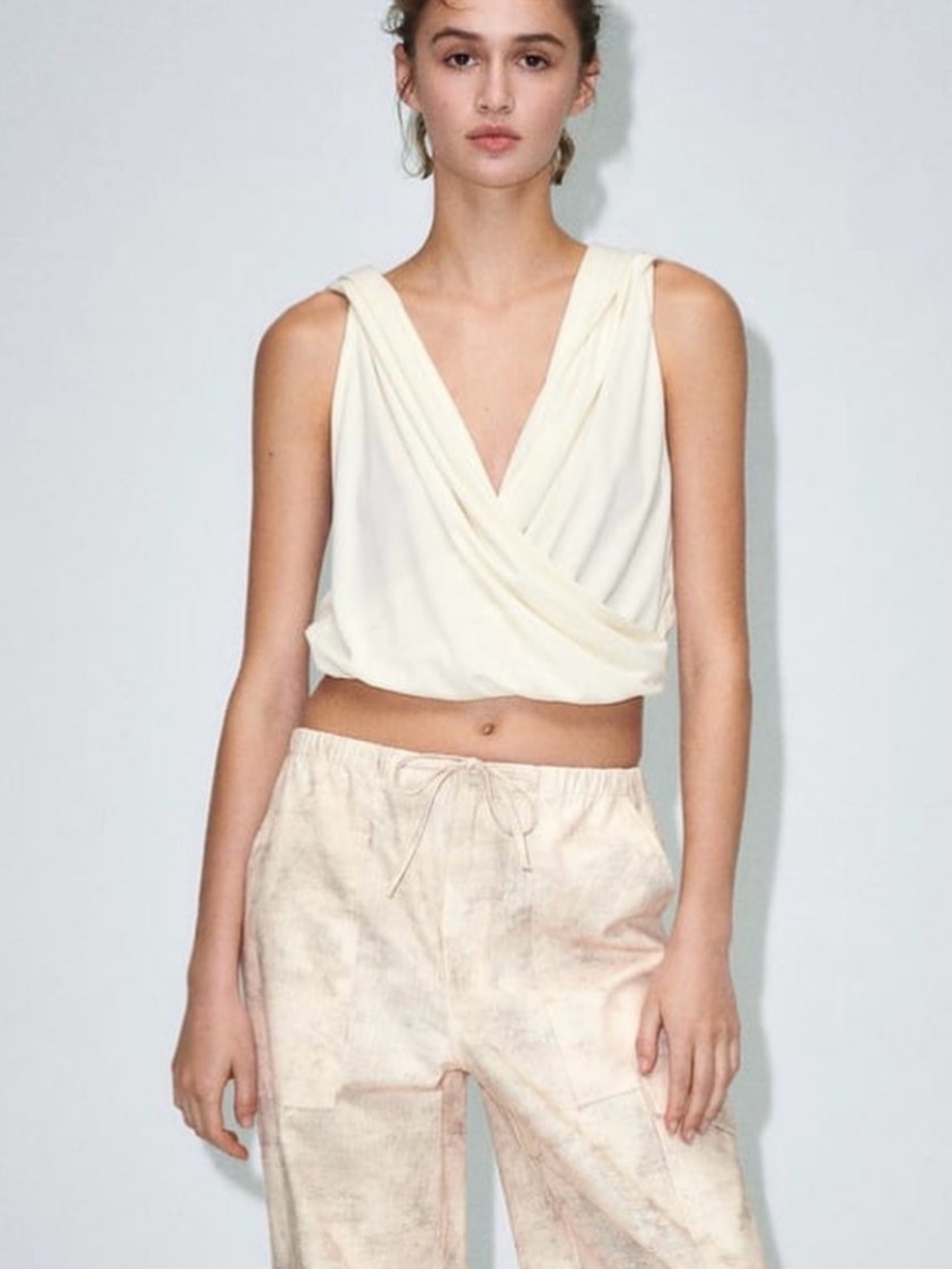 Zara Cream Draped V-Neck Crop Top